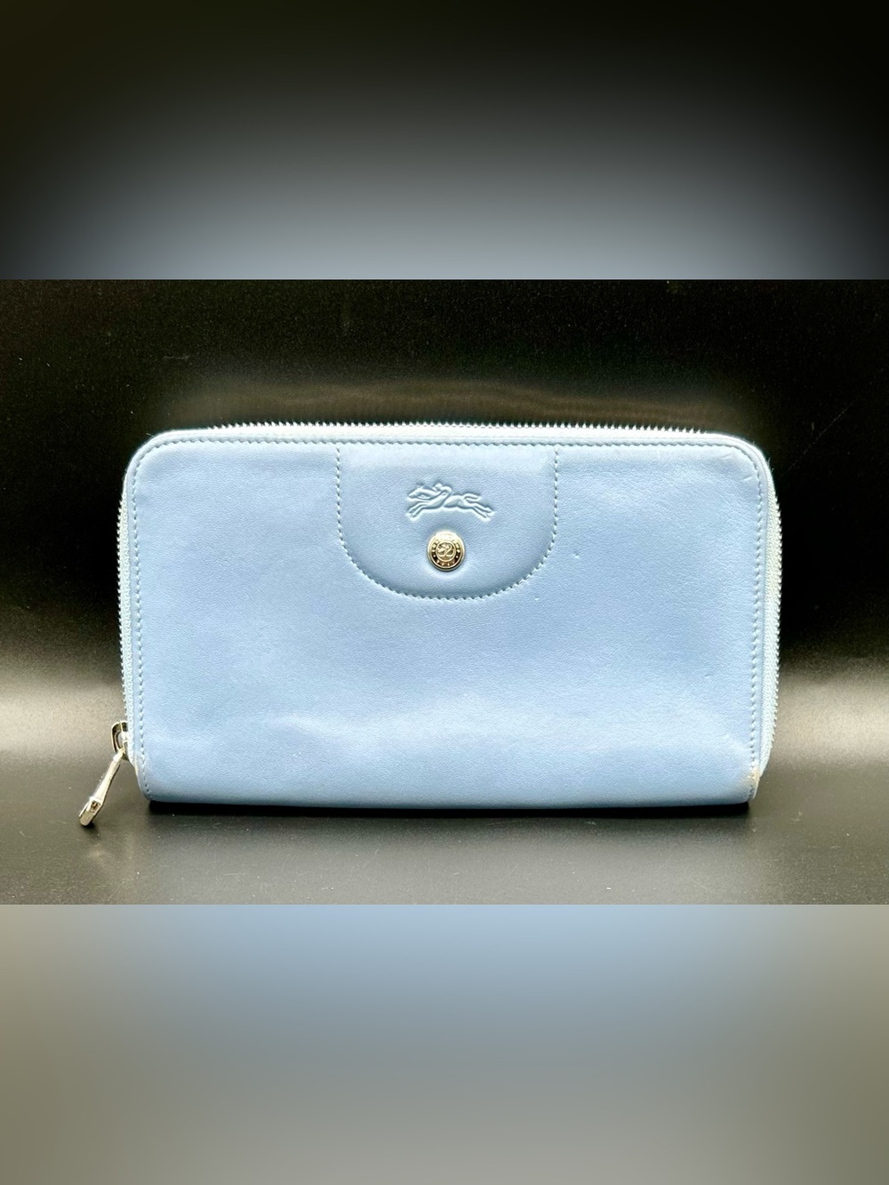 LONGCHAMP Le Pliage Cuir Leather Zip Around Wallet- Light Blue.